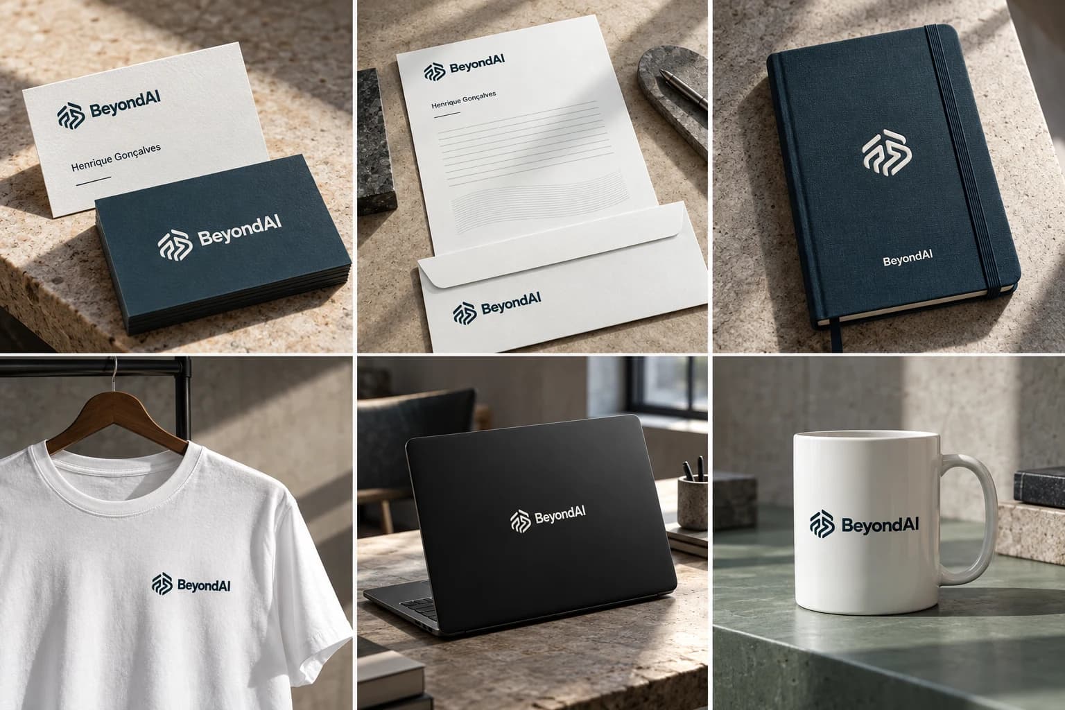BeyondAI mockups on business cards, stationery, a notebook, a T-shirt, a laptop and a mug